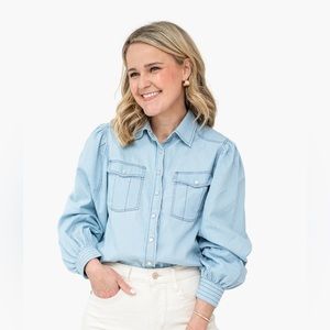 NEW The Shirt by Rochelle Behrens Chambray Puff Sleeve Button Up